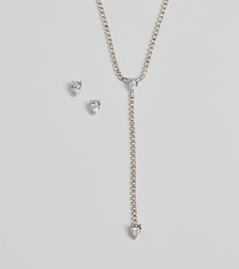 Simple Glitz Rhinestone Lariat Necklace And Stud Earrings Set