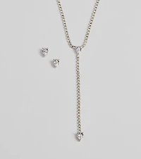 Simple Glitz Rhinestone Lariat Necklace And Stud Earrings Set