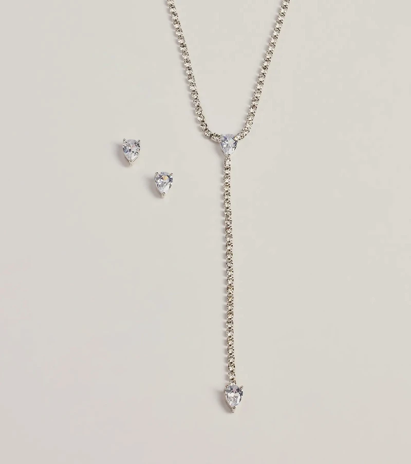 Simple Glitz Rhinestone Lariat Necklace And Stud Earrings Set