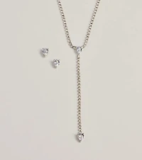 Simple Glitz Rhinestone Lariat Necklace And Stud Earrings Set