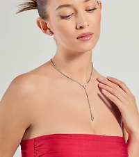 Simple Glitz Rhinestone Lariat Necklace And Stud Earrings Set