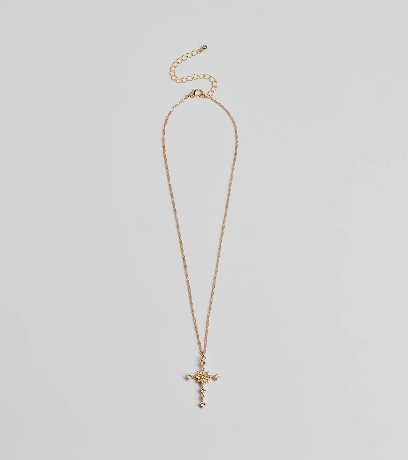 Dainty Glam Rhinestone Cross Pendant Necklace