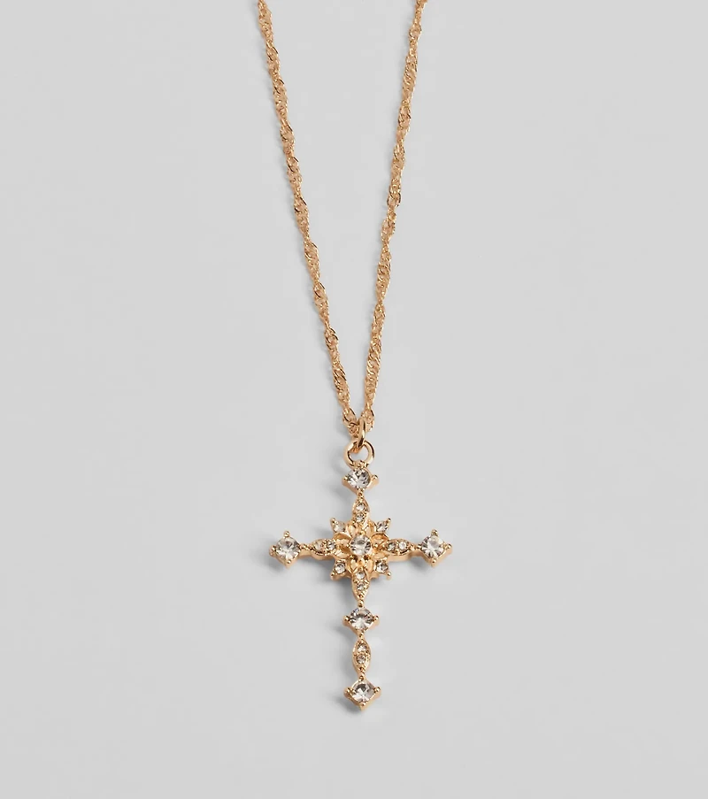 Dainty Glam Rhinestone Cross Pendant Necklace