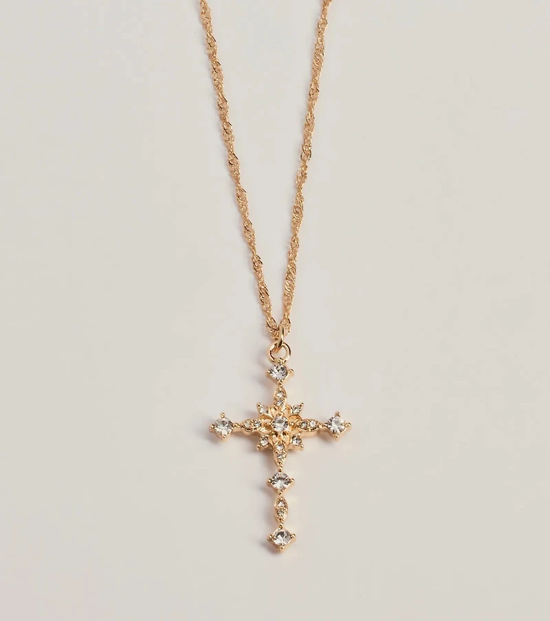 Dainty Glam Rhinestone Cross Pendant Necklace