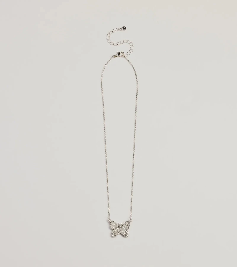 Fluttery Glam Rhinestone Butterfly Pendant Necklace