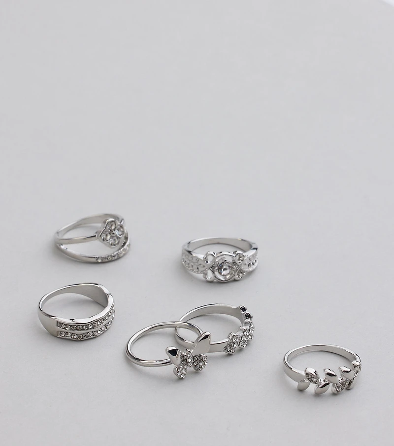 Take A Bow Rhinestone Eight Pack Ring Set