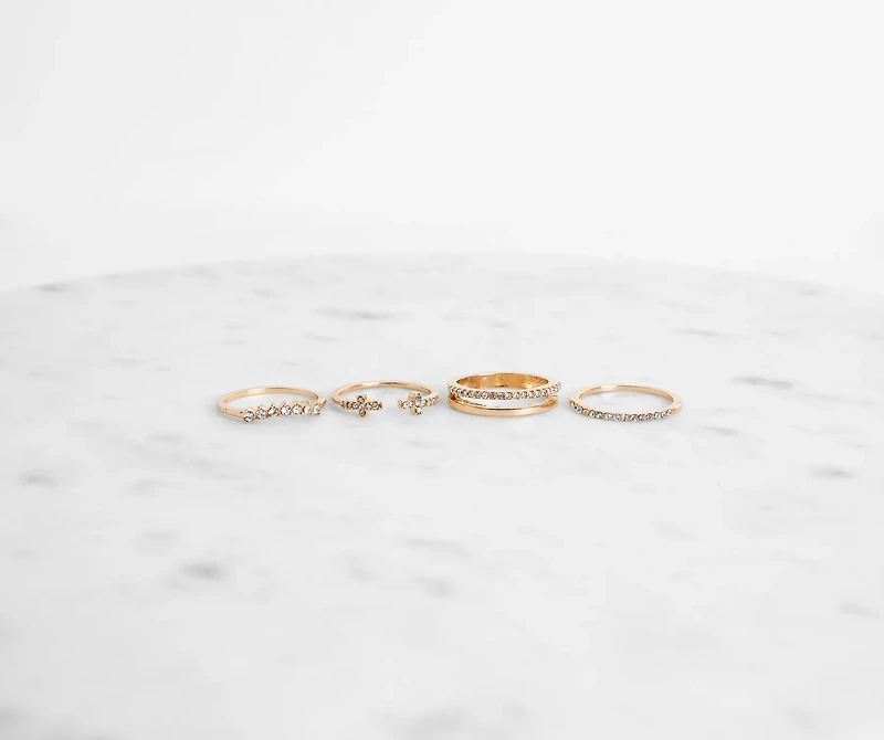 8Pk Dainty Rhinestone Cross Ring Set