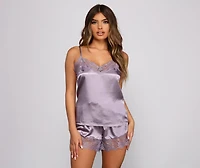 Luxe Satin Lace Trim Pajama Tank And Short Set