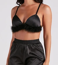 Flirtatious Satin Feather Trim Pajama Set