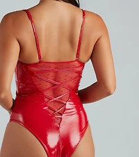 Attention Please Patent Faux Leather Bodysuit