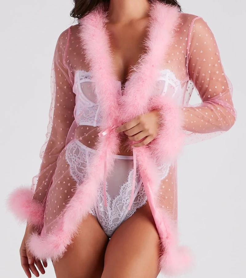 Dream Girl Glitter Heart Marabou Feather Robe