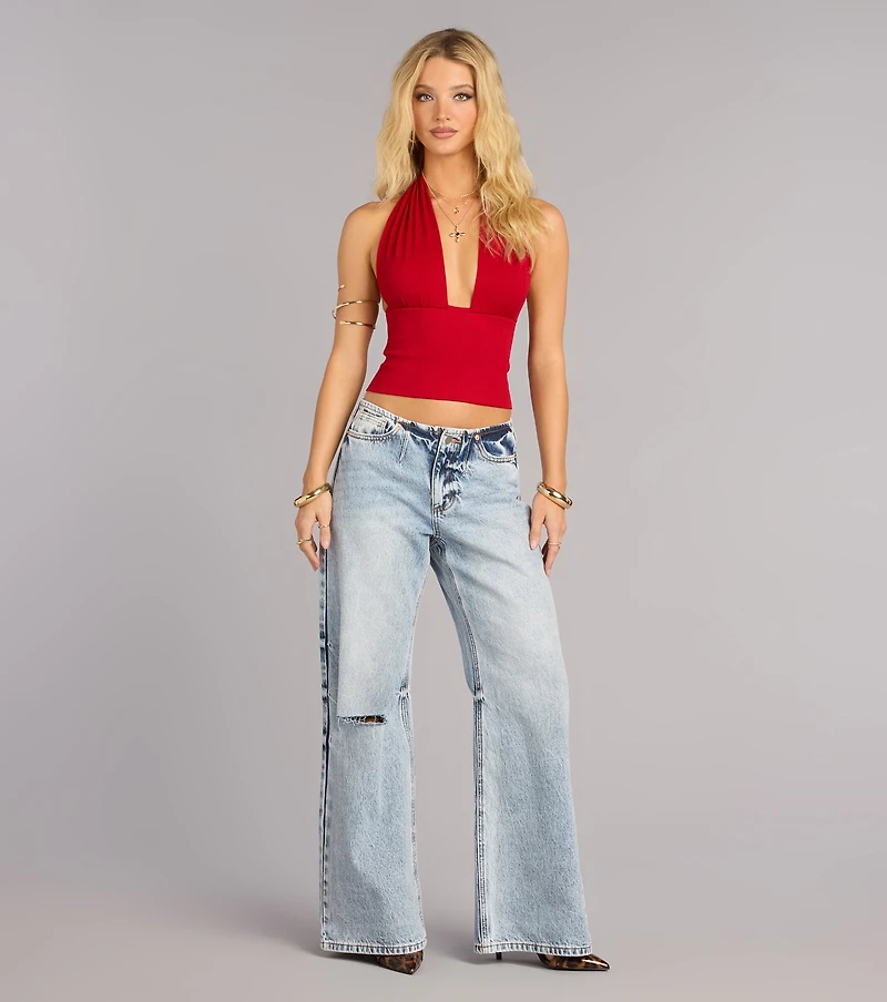 Low Key Icon Rib Knit Halter Crop Top