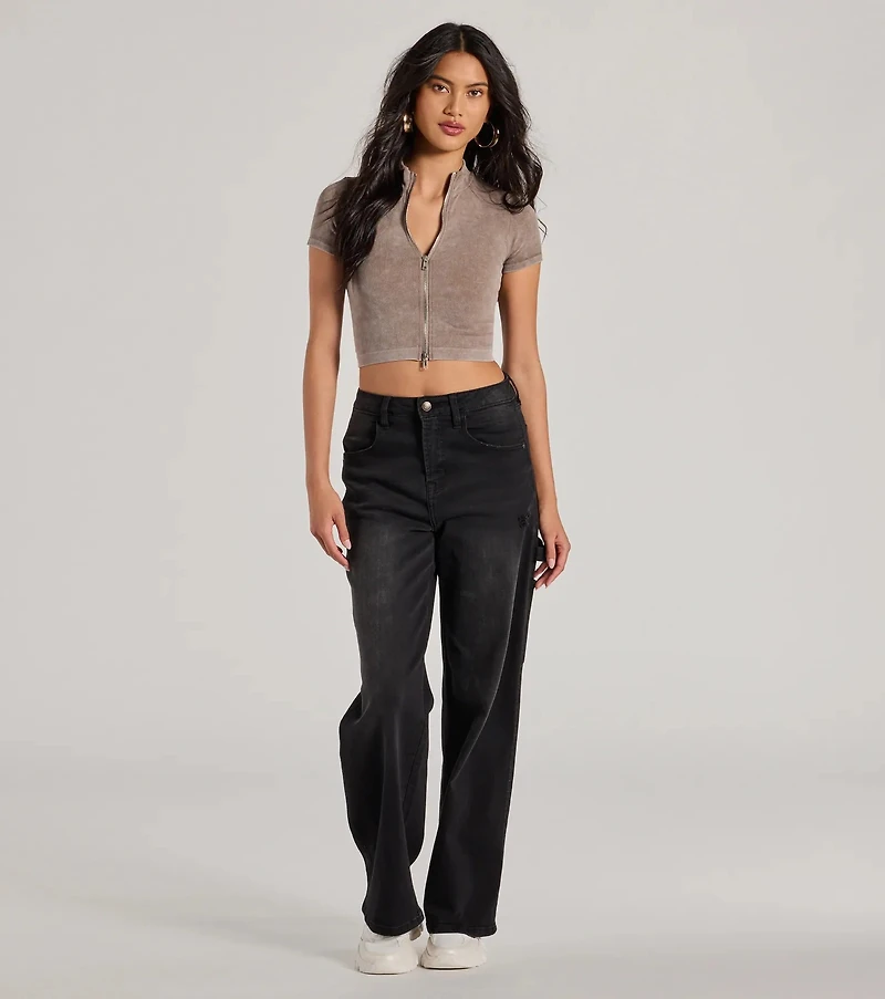 Trending Vibe Short Sleeve Zip Up Crop Top