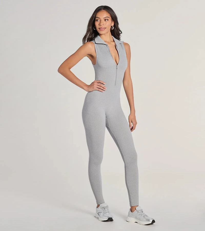 Off Duty Chic Sleeveless Collared Zip-Up Catsuit