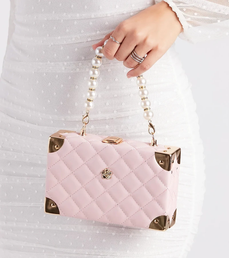 Chic Details Pearl Top Handle Quilted Handbag