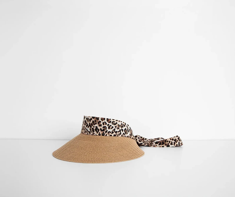 Fun In The Sun Leopard Ribbon Straw Visor