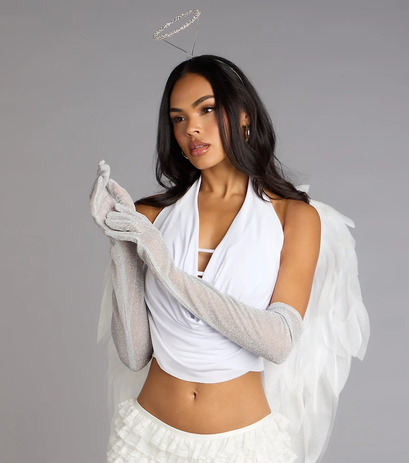 Shine On Glitter Mesh Long Gloves