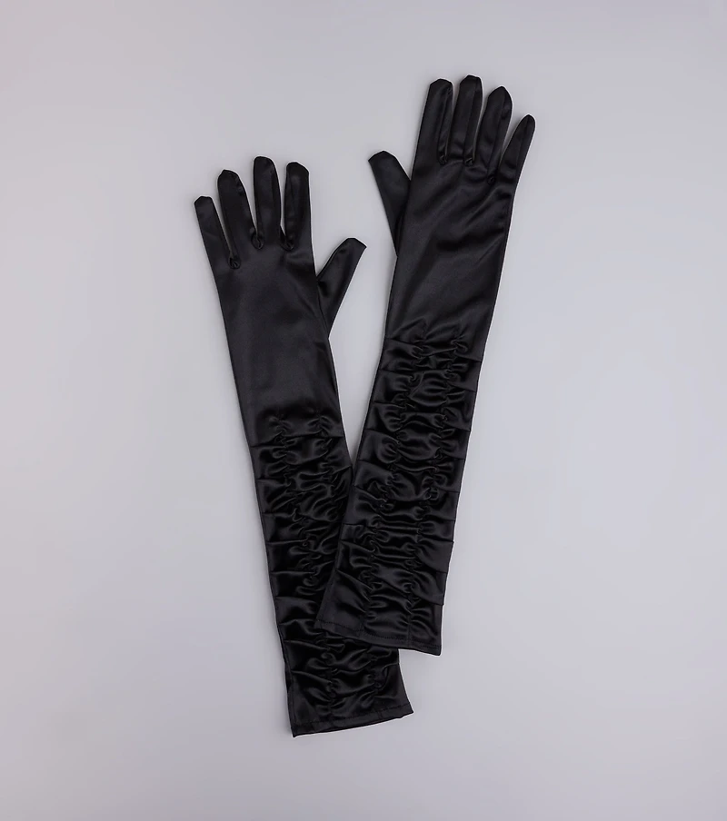 Midnight Glam Long Ruffled Satin Gloves