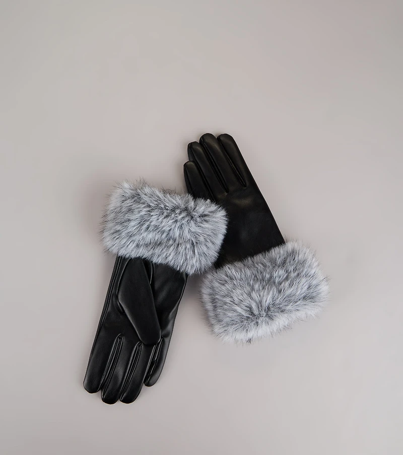 Stay Chic Faux Fur Trim Faux Leather Gloves