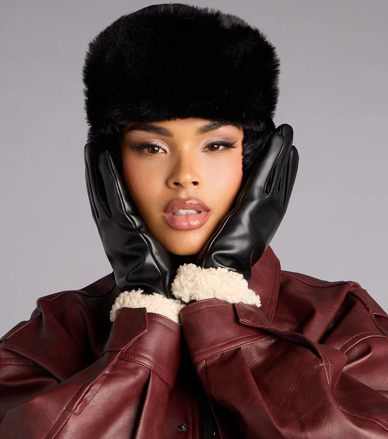 Style Forecast Sherpa Trim Faux Leather Gloves