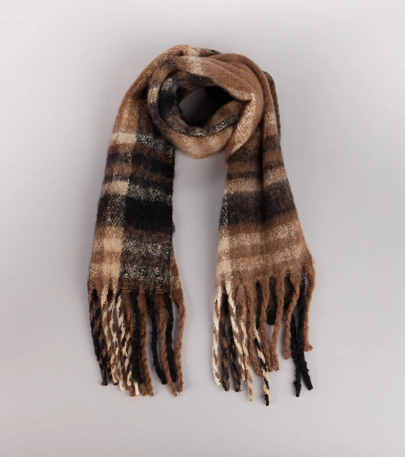 Fuzzy Comfort Plaid Fringe Scarf