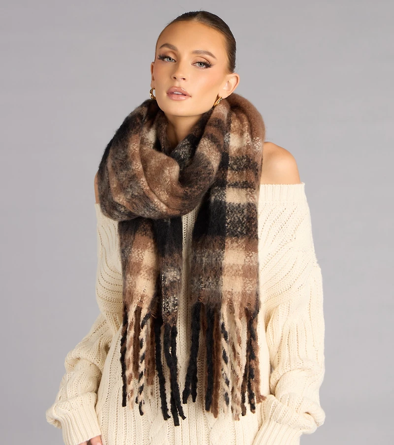Fuzzy Comfort Plaid Fringe Scarf