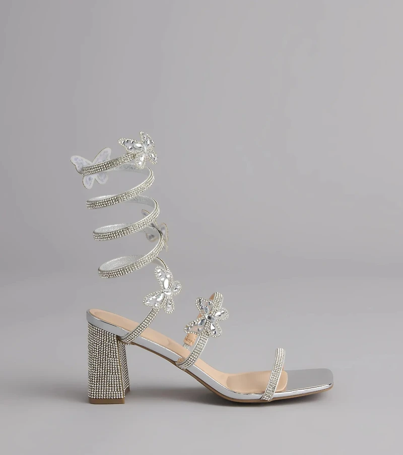Flutter Up Rhinestone Spiral Strap Heels