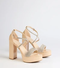 Glam Sheen Rhinestone Strappy Platform Heels