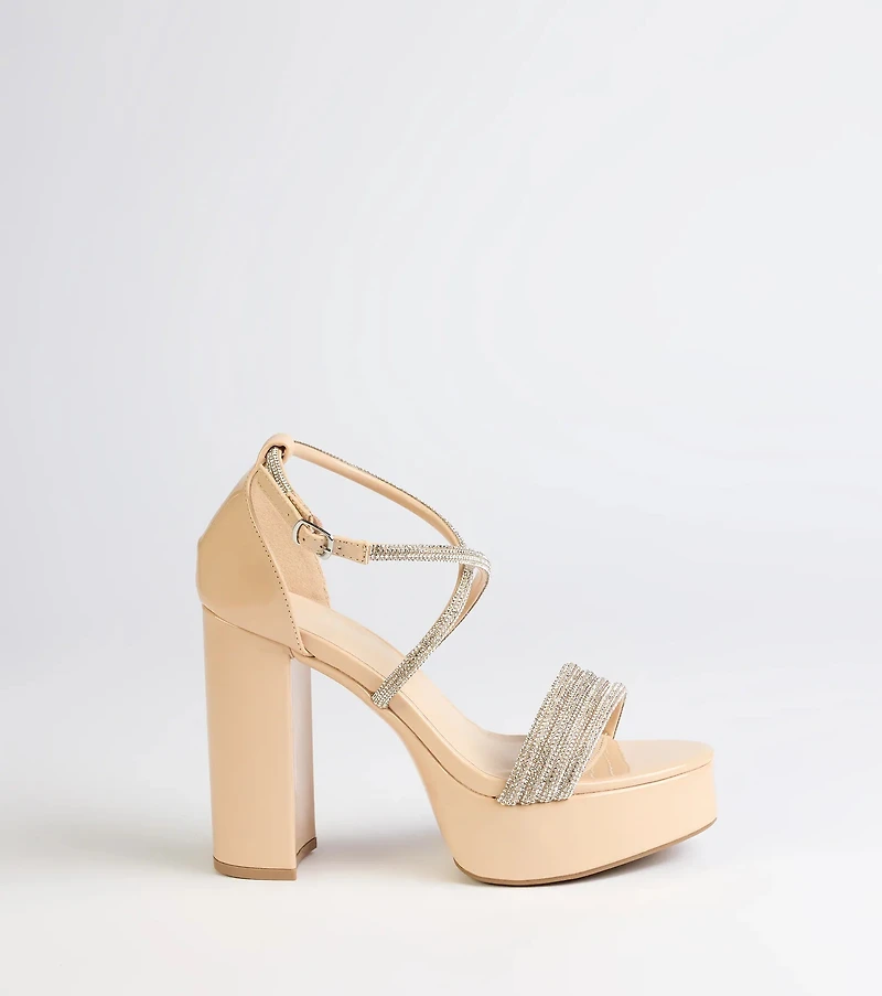 Glam Sheen Rhinestone Strappy Platform Heels