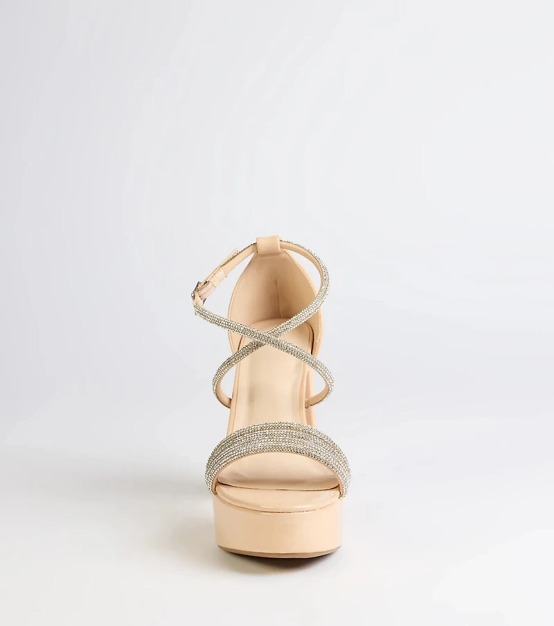 Glam Sheen Rhinestone Strappy Platform Heels