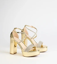 Glam Sheen Rhinestone Strappy Platform Heels