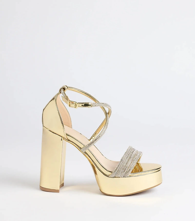 Glam Sheen Rhinestone Strappy Platform Heels