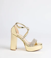 Glam Sheen Rhinestone Strappy Platform Heels