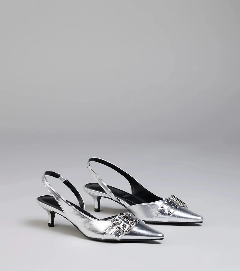 Sleek Trendy Buckle Strap Slingback Kitten Heels
