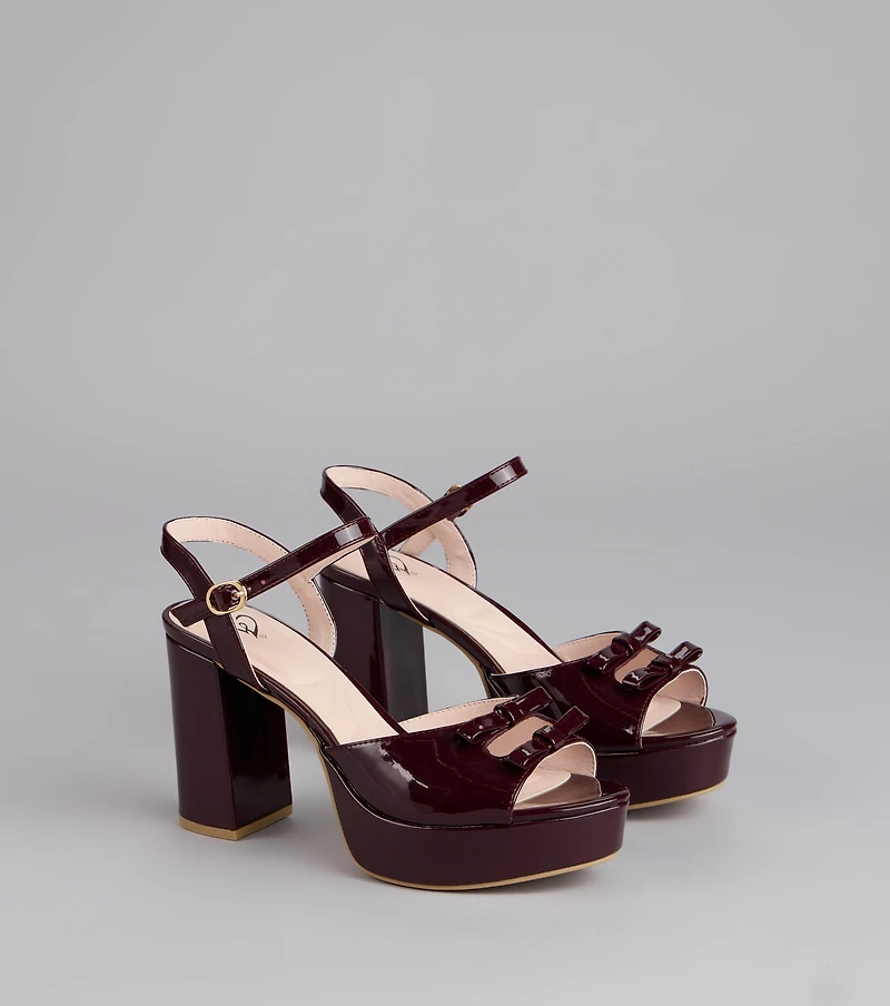 Glossy Finish Bow Platform Block Heels