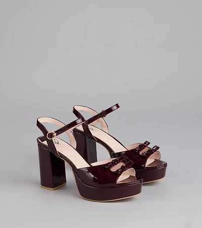 Glossy Finish Bow Platform Block Heels