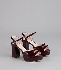 Glossy Finish Bow Platform Block Heels