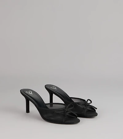 Polished Sweet Bow Detail Mesh Mule Heels