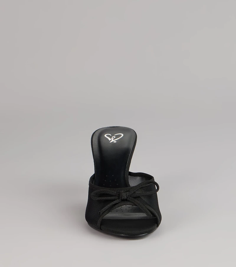 Polished Sweet Bow Detail Mesh Mule Heels