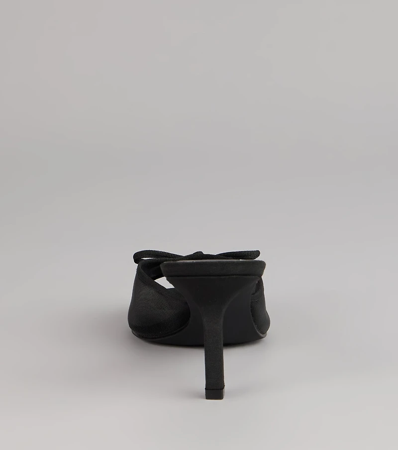 Polished Sweet Bow Detail Mesh Mule Heels