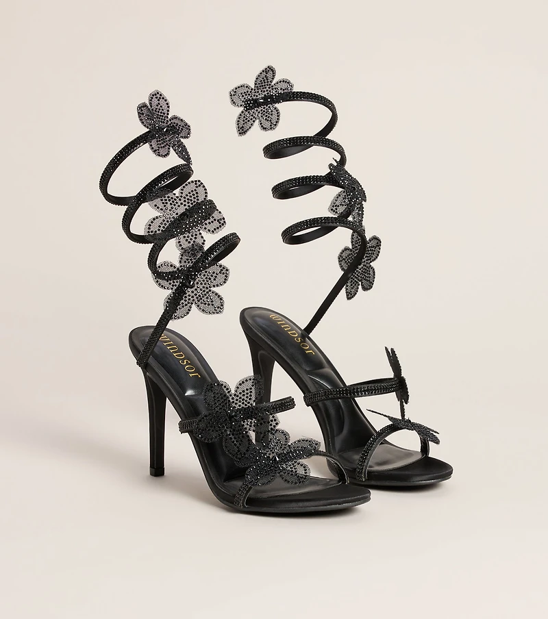 Glitzy Rhinestone Flower Spiral Stiletto Heels