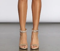 Metallic Rhinestone Leaf Block Heels