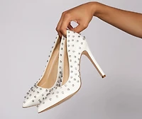 So Glam Faux Leather Rhinestone Pumps