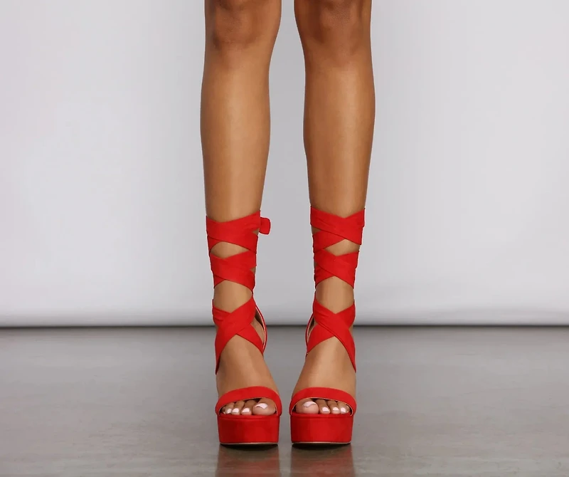 Lace-Up Faux Suede Platform Block Heels