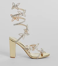 Dreamy Rhinestone Butterfly Spiral Metallic Heels