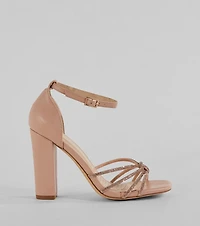 Sparkle Scene Rhinestone Strappy Faux Leather Block Heels