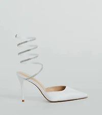 Sleek Beauty Rhinestone Spiral Satin Pumps