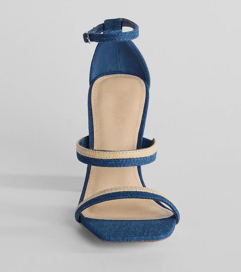 Sunshine Check Strappy Straw Denim Block Heels