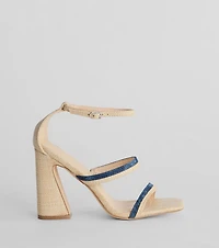Sunshine Check Strappy Straw Denim Block Heels