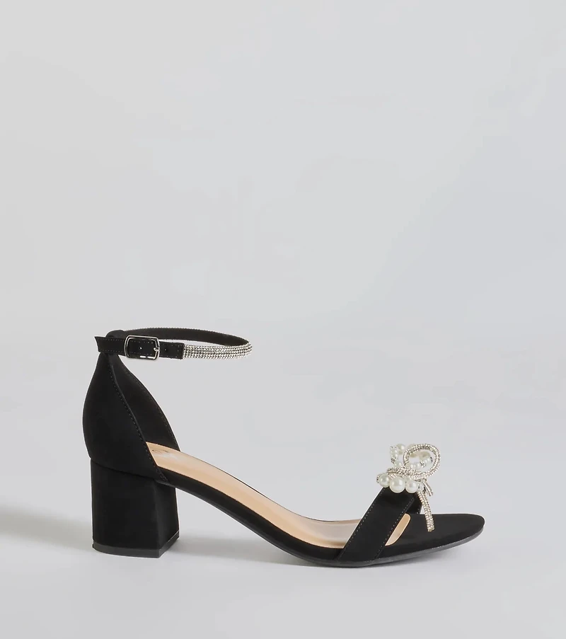 Dazzling Rhinestone Faux Pearl Bow Block Heels